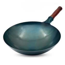 welsteepse Carbon Steel Wok Traditional Hand Hammered Wok,14 Inch,Round Bottom(Roasted Blue)