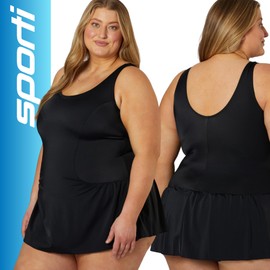 Sporti Plus Size Swim Dress for Women Swimsuit, Tummy Control, Mom Bathing Suit Sun Protection, Conservative Fit - Black - 30W
