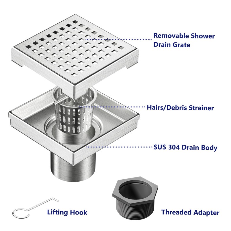 Neodrain 4-Inch Square Shower Drain with Removable Quadrato Pattern Grate,