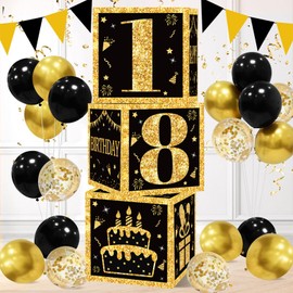 18th Birthday Decorations Boxes For Boys Girls - 3pcs Black Gold Happy 18th Balloons Boxes, 18 Year Old Party Supplies Birthday Table Decorations For Men Boy