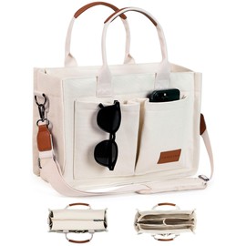 FIORETTO Canvas Tote Bag for Women with Zipper Closure & Individual Compartments for Work College, Crossbody Laptop Tote Purse Handbag with Detachable Strap & Bottom Support for Teacher & Nurse Beige