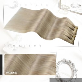 Moresoo Clip in Hair Extensions Human Hair Ash Blonde Highlight with Blonde Real Hair Extensions Clip in Human Hair Extensions for Women Clip Full Head 16 Inch 7 Pieces 120 Grams