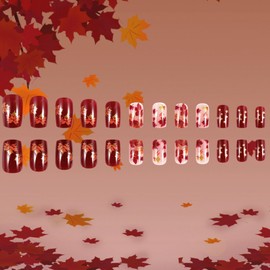 LOPMNGHT Autumn Nails Medium Square Shaped Artificial Acrylic Nails Gold Red Maple Leaf with Glitter False Nail Full Cover Press on Fingernails Thanksgiving Day for Women Festival Manicure 24Pcs