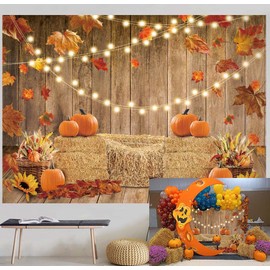 Fall Pumpkin Photography Backdrop Autumn Harvest Hay Glitter Wooden Background 7x5FT Maple Sunflowers Newborn Baby Shower Banner Party Decorations Photo Booth Props