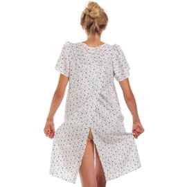 Bromilow & Wood Open back Incontinence English Made Floral Short Sleeve Polycotton Nightdress in Blue Size UK 30-32