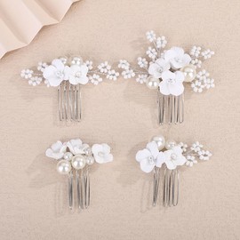 Teyglen 4pcs Silver Wedding Flower Hair Comb Floral White Flower Headpiece with Pearl Hair Piece Elegant Hair Jewelry for Women Bridal Wedding Party Prom (Silver)