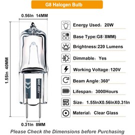JCD 10PCS G8 Halogen Bulb 20W 120V, Bi-Pin Xenon Light Bulbs, Warm White, Dimmable, for Under Cabinet Puck Lights