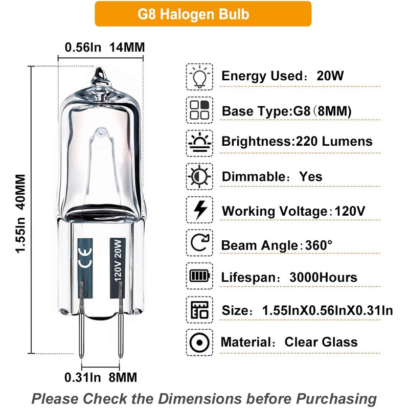 JCD 10PCS G8 Halogen Bulb 20W 120V, Bi-Pin Xenon Light