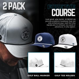 BRIMZ - Gorro de golf de rendimiento transpirable, resistente al sudor y al agua, con soporte para playera y marcador magnético de bola (Death by Golf - Azul marino y blanco, paquete de 2), Negro &