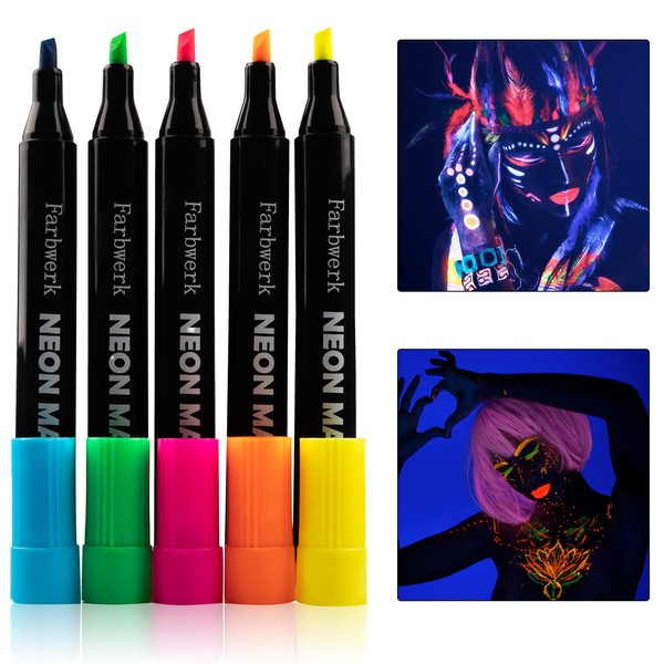 Farbwerk Fluorescent Textile Pens, UV Colour Glows Under Black Light, Neon Fabric Pens for T-Shirt, Fabric Bag and Bib, Washable