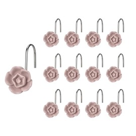 SUQ I OME Decorative Shower Curtain Hooks,12PCS Gray Pink Small Flower Resin Shower Curtain Hooks Rings for Bathroom Baby Room