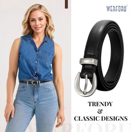 WERFORU Women Leather Belt for Jeans Pants Thin Belts for Women Fashion Waist Belt with Gold Buckle,C-Black-anique silver,Fit Waist Size 41-45 Inches