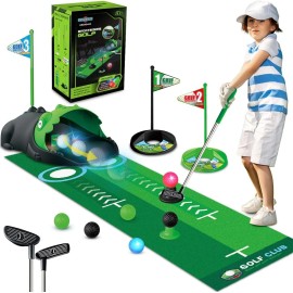 TERRAMUS Kids Toy Golf Club Set - Automatic Ball Returner, Led Light Up Night Golf Balls