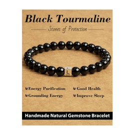 Landorilo Natural Healing Gemstone Crystal Bracelet, 6mm Black Tourmaline with 925 Sterling Silver Beads, Women Men Initial Bracelets, Valentine's Day, Christmas, Birthday Gift. Offer A-Z.L