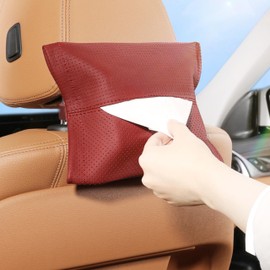 POKSRI Car tissue box, genuine cowhide leather, hanging tissue box, refill box for paper towels, decor portable napkin holder, travel desk (wine)