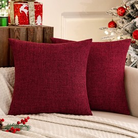 MIULEE Pack of 2 Wine Red Linen Christmas Throw Pillow Covers Square Rustic Farmhouse Decorative Burlap Pillowcases Cushion Covers for Couch Bed Sofa Living Room 20x20 Inch