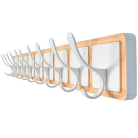 SKOLOO Coat Rack Wall Mount - Scandi-Style Wooden Carved-Block Coat Hook, Wall Coat Hanger with 10 Hooks for Hanging Coats, Hats, Clothing, Scarfs, Natural & White