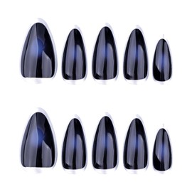 MISUD Press on Nails Almond Medium Fake Nails Glossy Glue on Nails Goth Blue Black Ombre Acrylic Nails Stiletto Artificial Nails Silver Chrome Stick on False Nails with Design 24 pcs