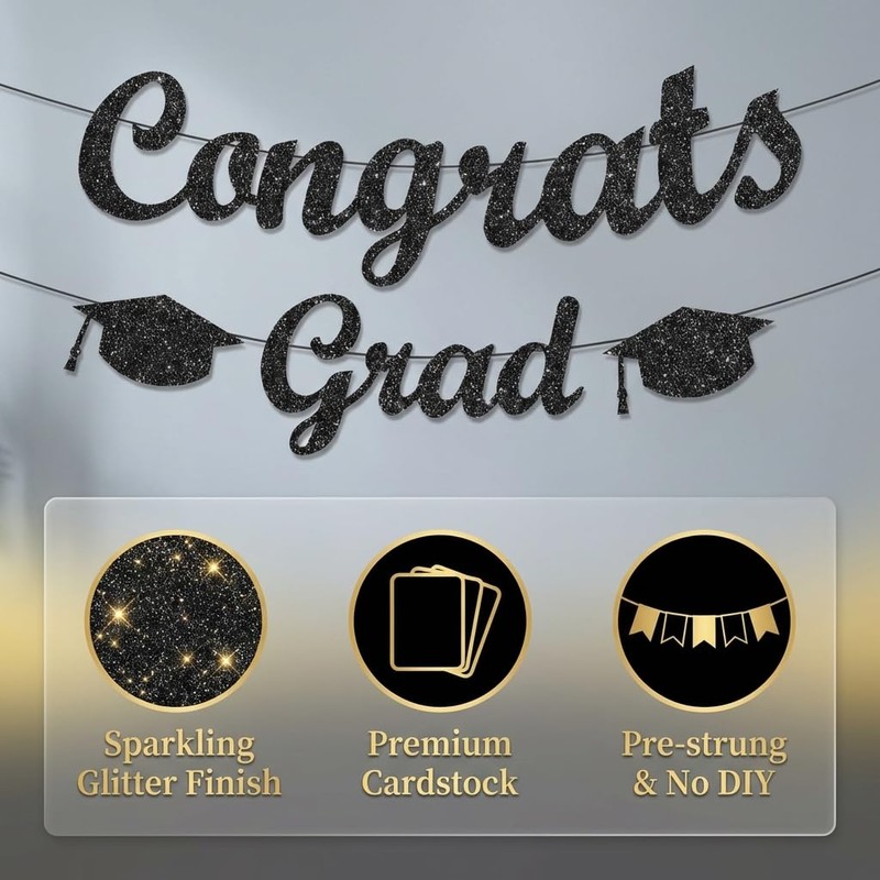 Pre-Strung Black and Gold Glitter Congrats Grad Banner Class of