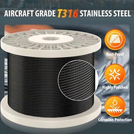 KWDOBUUS 200FT 1/8" T316 Stainless Steel Wire Rope, 7x7 Strand, 1800lb Strength, Black, DIY Cable Railing