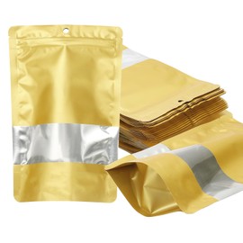 PATIKIL 7.09x10.24 in Stand Up Pouch Bags, 60 Pack Resealable Matte Metallic Aluminum Foil Bags Pouches with Clear Window and Zip for Food Storage Snack Packaging, Gold Tone