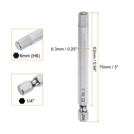 sourcing map 5pcs Hex Head Wrench Drill Bit 6mm (H6) Metric 1/4" Hex Shank 75mm (3") Long Magnetic S2 Steel Screwdriver Bits Industrial Grade Hexagon Flat Tip Drill Bits for Screws