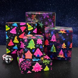 Dtiafu Christmas Wrapping paper for Boys Girls Kids - 6 Neon Rainbow Xmas Style Gift Wrap Reindeer Tree Christmas Hats Design for Holiday Party Winter, 20 X 28 Inches, Folded Flat (6 Sheet)