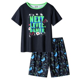 CYCHELRY Little Big Boys Summer Green Gamer Pajamas Short Sleeve and Shorts Soft Nighty PJS 2PCS Sleepwear Set Size 14