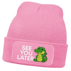 MoonWorks® Winter Hat Children's Beanie for Girls with Patch Print Saying Funny See You Later Alligator Knitted Hat, pink