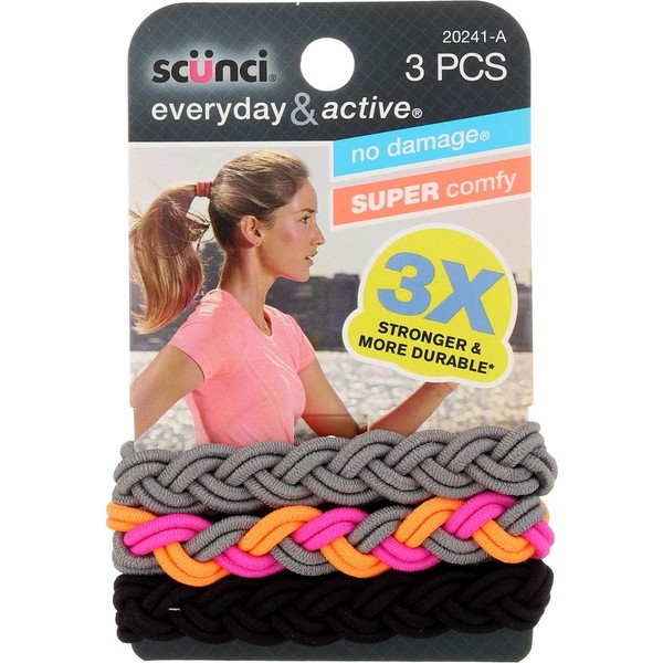 Scunci Everyday and Active 3-Strand Braided Elastics , No Damage,