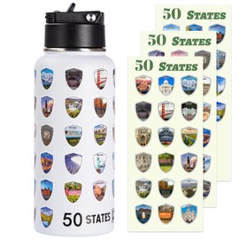 Beautsque 50 States Water Bottle with Stickers, National Parks Water Bottle, Stainless Steel Insulated Bottles with Straw,3D Printed,32 oz,Double Stickers,White