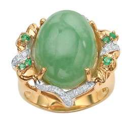 PalmBeach Yellow Gold-plated Sterling Silver Oval Shaped Genuine Green Jade and Round Genuine Emeralds and Cubic Zirconia Ring Sizes 7-11 Size 10
