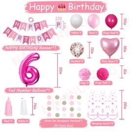Sweet 6th Birthday Decorations for Girls, Pink and White 6 Happy Birthday Balloons，6th Birthday Party Supplies for Daughter Her Kids Including Pink Happy Birthday Banner, Hot Pink Number 6 Foil Balloons