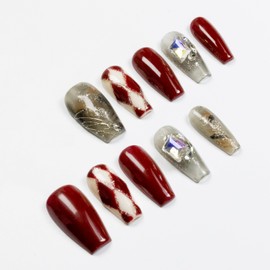 MAOLEETO 3D Squoval Press on Nails, Middle Ladder Fake Nails Glitter and rhinestones False Nails Middle Red Press on Nails for Women Girls Nail Art Decoration - Middle