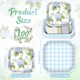Havawish 100 Pcs Hydrangea Paper Plates Set, 7 in 9 in Vintage Tea Party Floral Square Disposable Plate Dinnerware for Garden Wedding Spring Birthday Baby Shower Supplies(Blue)