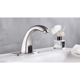 Luxice Brushed Nickel Touchless Bathroom Sink Faucet Automatic Motion Sensor Hands Free Commercial Faucets with Hot & Cold Temperature Mixing Valve Powered by DC AA Battery Operated Only