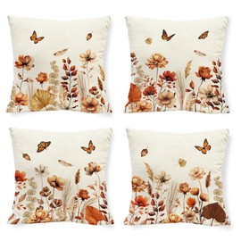 Tikeciti Fall Bohemia Floral Pillow Covers Autumn Flower 18 x 18 Inch Throw Pillows, Thanksgiving Harvest Farmhouse Cushion Case Grateful Decorations for Couch Sofa Set of 4