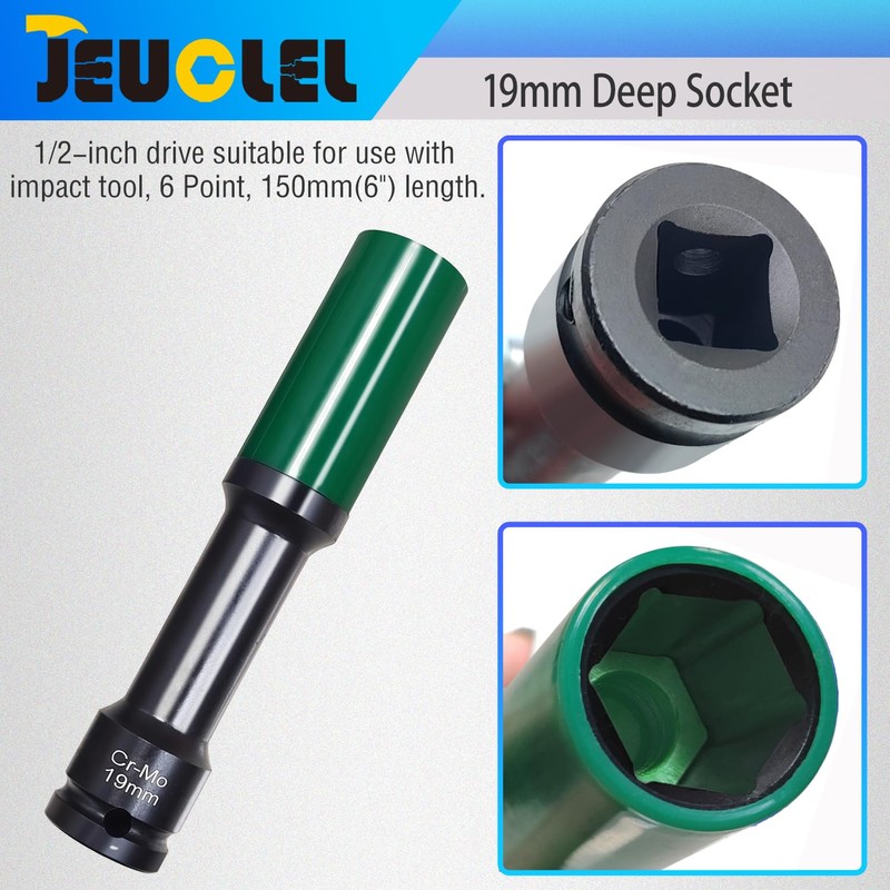 JEUCLEL 19mm 1/2"Extra-long Thin Wall Wheel Protector Impact Deep Socket,