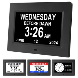 LaMi Products Dementia Clock for Seniors 4-Colors Large Display Digital Alarm Clock for Bedroom 7 Inch Digital Wall Clock with Day and Date for Elderly, 12 Alarms Auto Dimmable, Black
