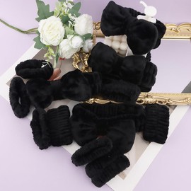 AOPRIE SPA Headbands for Washing Face Makeup Headbands with Bow Hair Band Women Facial Head Band Laurel Wrist Towel Wraps For Shower Face Mask Black, 12 Pack