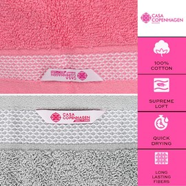 CASA COPENHAGEN Solitaire Mix 6 Pieces Towel Set- Light Grey + Pink, 600 GSM 2Bath Towel 2Hand Towel 2Washcloth, Designed in Denmark Made of Soft Egyptian Cotton for Bathroom, Kitchen & Shower