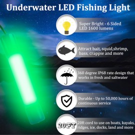 Underwater Fishing Light 1600 Lumens 10.8W 12V 24V Submersible Fish Bait Finder 180 LED Waterproof IP68 Deep Drop Night Fishing Light with 20 FT Cord for Shrimp Squid Fish Crowds