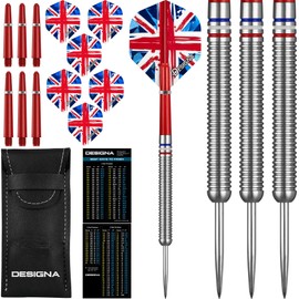 Designa D0748 Patriot | 24g Premium 90% Tungsten Straight Barrel National Flag Darts, Great Britain, Silver