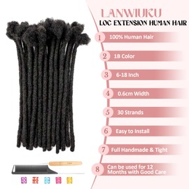 LANWIUKU Loc Extensions Human Hair 12 Inch 30 Strands 100% Full Handmade Permanent Dreadlock Extensions Human Hair Can Be Dyed Bleached Curled Twisted Loc Extension for Men Women Kids (0.6cm Width 1B)