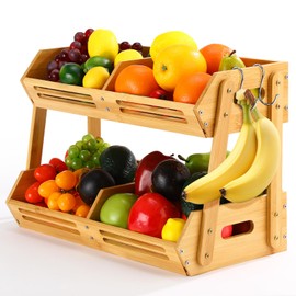 Briwooody 2 Tier Fruit Basket for Kitchen Counter Fruit Storage 16.5 Inch Large Wood Vegetables Basket with 4 Banana Hooks Bowl Stand Holder Snack Organizer Countertop Onion Bread Pantry(Bamboo)