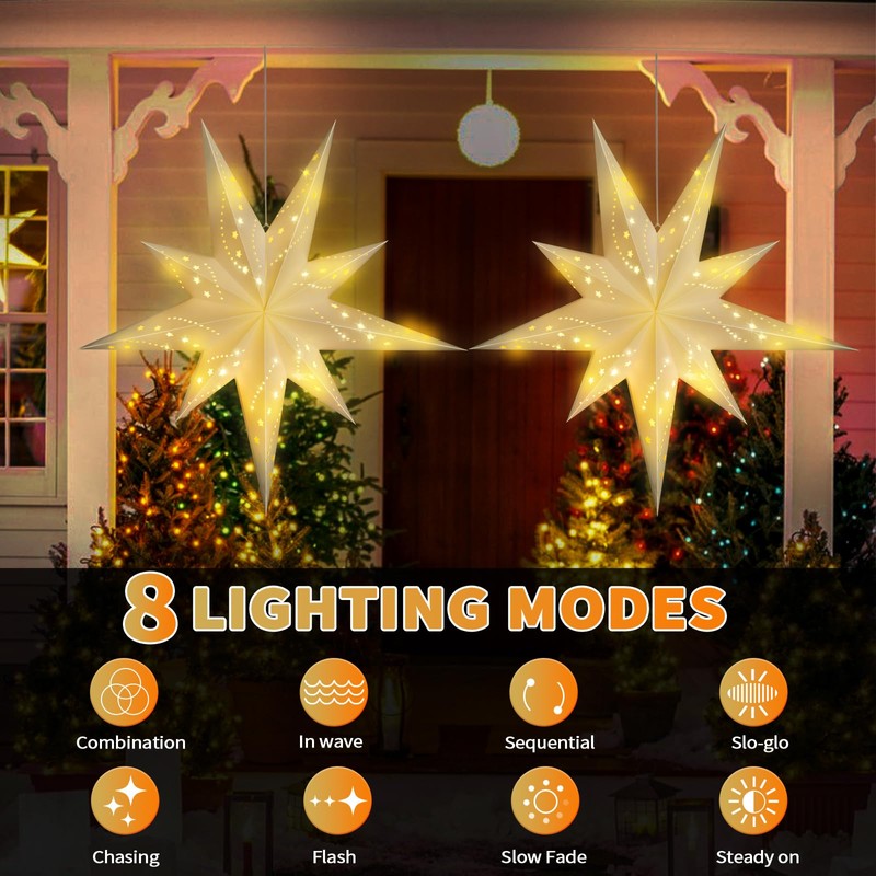 Paper Star Lantern, 2 Pack 8 Modes 9-Pointed Diwali Hanging