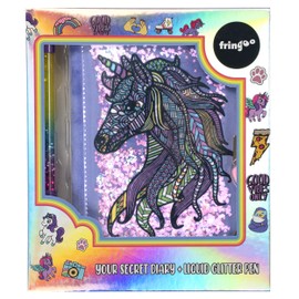 Fringoo - Glitter Notebooks - Unicorn Mandala - Unicorn Book - Notebook with Lock - Writing Book - A5 Journal with Heart Padlock, Stickers and Liquid Glitter Pen - Unicorn Mandala