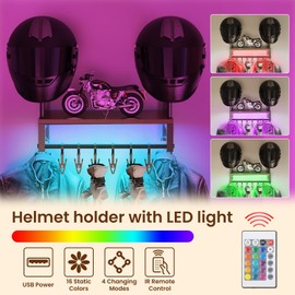 Helmet Holder Wall Mount with RGB Strip Light, Helmets Mount Motorcycle Helmet Rack with 6 Glove Clips for Motorcycle Outdoor Sports Gear
