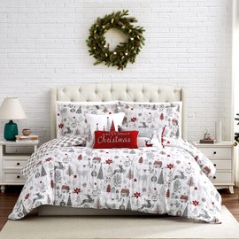 Southshore Fine Living Holly Jolly Christmas Comforter Set, Twin Size 5-Piece Bedding Set w/Shams & Throw Pillows; Reversible Bedspread, Christmas Tree & Reindeer, Red & White