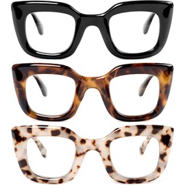 REAVEE 3 Pack Oprah Style Reading Glasses for Women Thick Frame, Blue Light Blocking Computer Stylish Cute Readers Cheaters with Spring Hinge, Black+Pink Leopard+Purple, 2.0